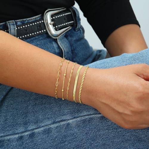 Gold Bracelets for Women ，Waterproof 14k Gold/Silver Plated Stackable Bracelet Set Non Tarnish Trendy Gold Jewelry Dainty Layered Figaro Rope Beads Paperclip Thin Link Chain Gifts for women4