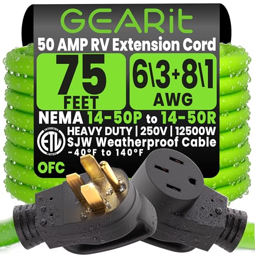 GEARit 75 Ft Extension Cords OFC Outdoor Heavy Duty 50 Amp Waterproof Charger Power Cable 4 Prong 250V 12500W NEMA 14-50P/R STW 6/3+8/1 Gauge AWG for RV/EV/Camper/Travel Trailer