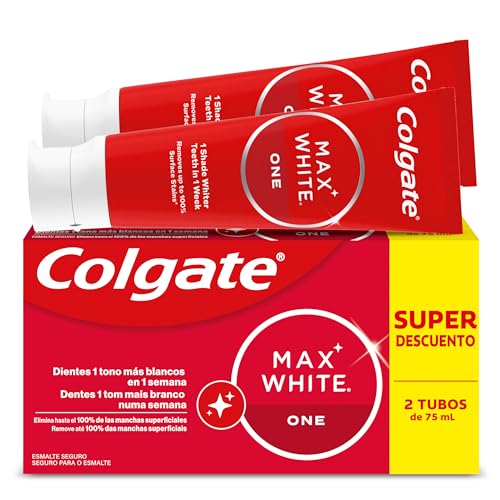 Colgate Max White One Pasta de Dientes Blanqueadora, Pack 2 Uds x 75ml, Dentrifíco Blanqueador, Dientes 1 Tono Más Blancos en 1 Semana, Elimina Manchas Superficiales