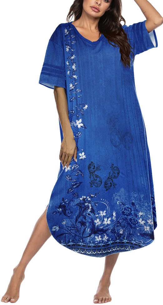 Image of Ekouaer Long Nightgown, Womens V Neck Loungewear Oversized Sleepwear Loose Sleep Dress S-4XL