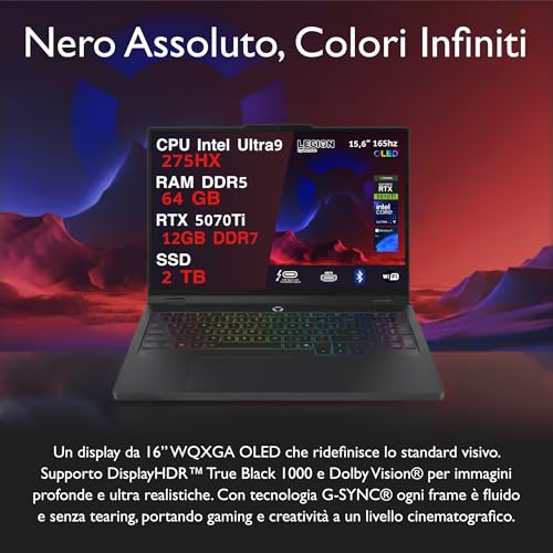 Legion Pro 5 Pc Gaming Portatile ULTRA 9 275HX 20 Core, 64 GB RAM DDR5, GeForce RTX 5070Ti 12GB, SSD 2TB,Notebook Gaming Oled Display 16" 165Hz,Laptop Gaming Tastiera RGB, WiFi 7, Thunderbolt 4 - Notebook - Immagine 1