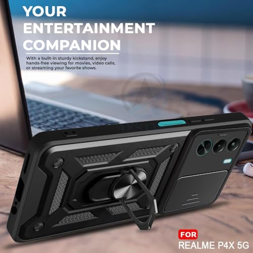 Image of AIBEX Back Cover Compatible for OnePlus Nord CE 6 Lite 5G / Realme P4X 5G | D10 Tough Armor Case | Sliding Camera Shield | 360 Protection | Kickstand Ring Holder | Military-Grade Bumper Case - Black