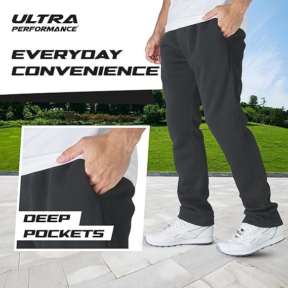 Ultra Performance 3 Pack Mens Fleece Wide Leg Sweatpants with Pockets, Open Bottom Workout Sweatpants for Men - Image 3