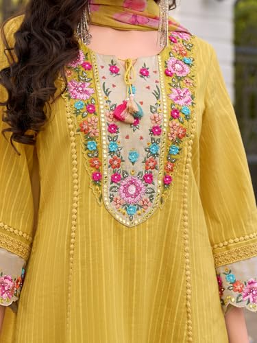 Image of INDO ERA Women's Anarkali Pure Cotton Floral Printed Embroidered Kurta & Pant with Dupatta Set (IEOUT10688)