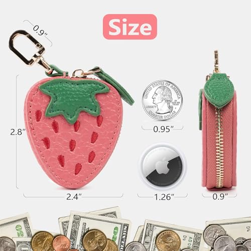 Cute Fruit Coin Purse Bag Charm,Mini Leather Coin Change Purse & Pouch Holder Keychain Charm for Handbag Tote Wallet Airtag Accessories,Kawaii Fruit Bag Charms for Girl Women Pink Strawberry3