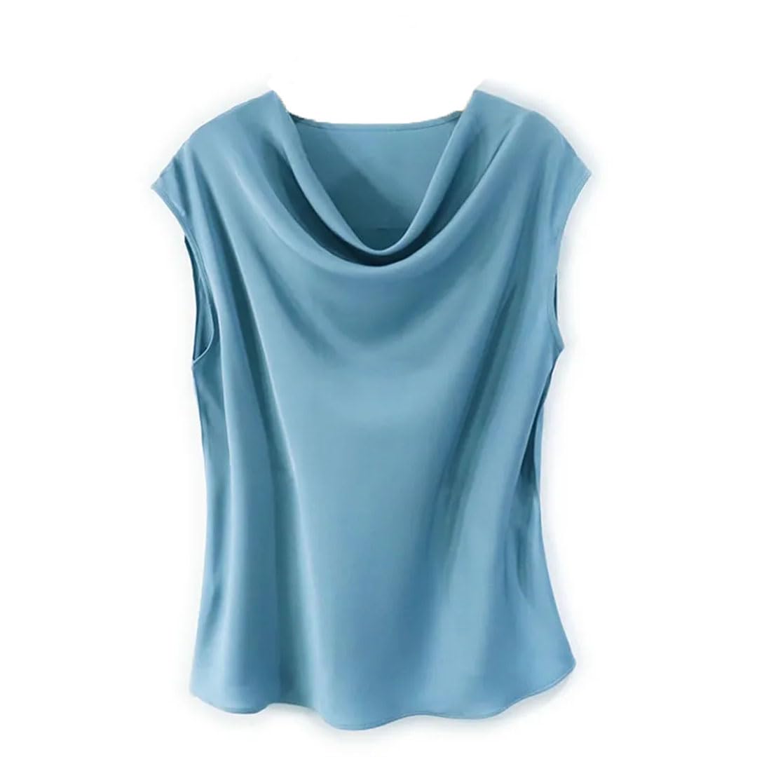Camiseta de seda para mujer, cuello drapeado, sin mangas, chaleco, azul, XL
