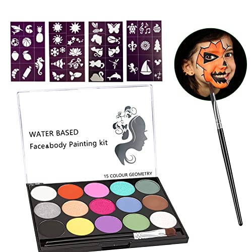 Karnevalsschminke, 15 Farben Kinder Schminken, Kinderschminke Wasserbasis, mit 2 Pinsel , Theaterschminke Kinder, Gesichtsschminke Geeignet für Weihnachtsfeier Maskerade