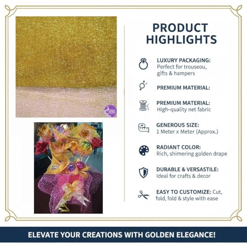 Image of Asian Hobby Crafts Fabric Mesh Net, DIY Craft Material for Bouquets, Gift Wrapping, Trousseau Packing, Party Decorations, Sweet Boxes, Gift Decoration, Home Decor & Creative Projects - 10 Metre Golden