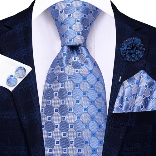 Image of Hi-Tie Sky Blue Mens Ties Light Blue Plaid Necktie for Men Novelty Tie Handkerchief Cufflinks Lapel Pin Set Wedding Business, Medium