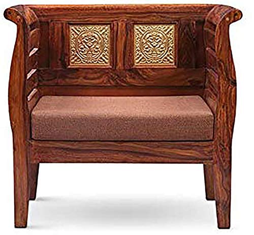 Image of Solid Sheesham Wood 1 Seater Wooden Sofa Chair with Cream Cushions | X Design Wooden Loveseat Couch for Home, Office & Lounge | Walnut Finish