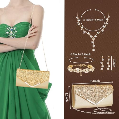 5 Pcs Purse Rhinestone Jewelry Set, RhinestoneClutch Purse Bride Prom Evening Rhinestone Jewelry Set Bling Necklace Earrings Bracelets Set for Wedding, Gold/Silver2