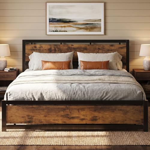 Image of LIKIMIO King Bed Frame with Headboard and Footboard, Metal Strong Supports, Easy Assembly, Noise-Free, No Box Spring Needed, Vintage Brown