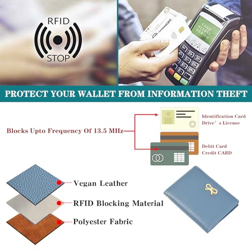 Image of GOIACII Women's Small Bifold Cute Bow Wallet Rfid Blocking Ladies Card holder Wristlet with Zipper Coin Pocket Blue