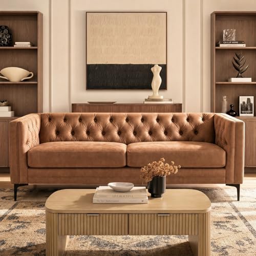 HULALA HOME 84' W Faux Leather Sofa Couch with Metal Legs, Button-Tufted 3-Seater Sofa, Mid Century Modern Upholstered Couch for Living Room, Entertainment Area, Apartment,Camel