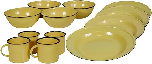 Big5 12 Piece Cream Enamel Dinning Set Camping Mug Plate Bowl Outdoor Braai Dinnerware