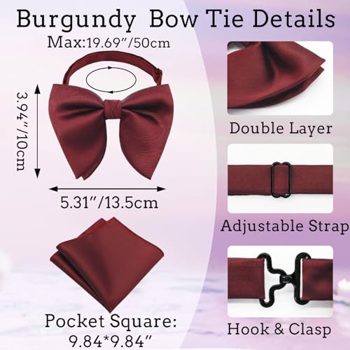 Image of Oversized Bow Ties for Men, Pre-Tied Bow Tie and Handkerchief with Pocket Square Holder Set for Wedding Party Daily