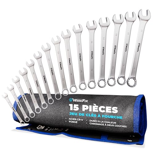 S&R WERKFIX Jeu de Clés Plates Mixtes - 15 Clés à fourches polygonales 6-21 mm. Clés Mixtes + Sac de transport.