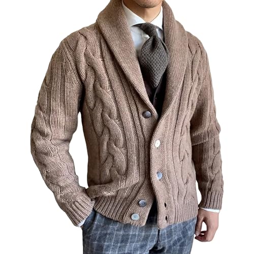 Men's Cable Knit Button Down Sweater Shawl Collar Open Front Sweater Cardigan Thermal Winter Sweaters