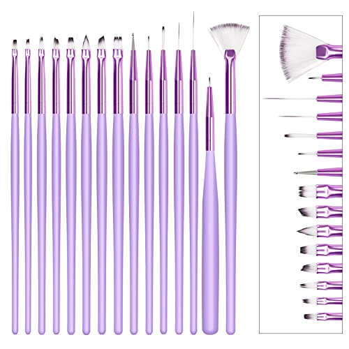 15Pcs Nail Art Brushes, Feugole Nail Art Design Painting Drawing Polish Brush Pen Tools Kits, Purple Nail Gel Brushes