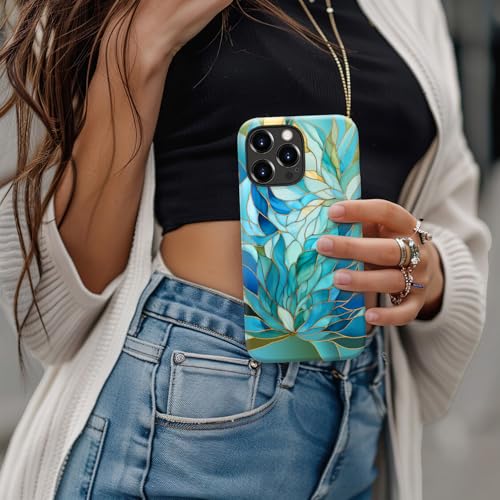 Image of Goodon for iPhone 15 Pro Max Case Cute - Wireless Charging Compatible - Dual-Layer Hard Shell + Silicone Cover - Protective Phone Case with Trendy Designs for Women - Blue Leaves Flower