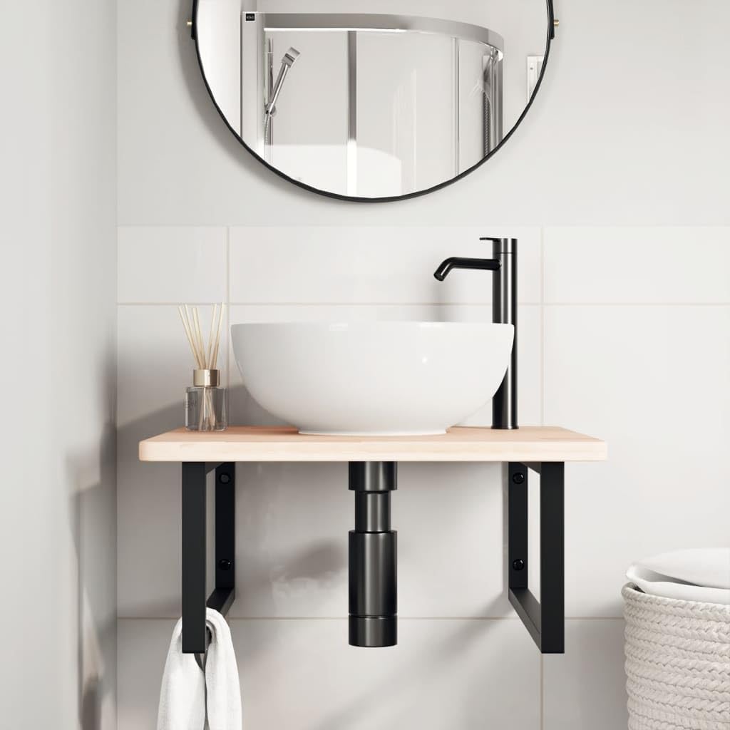 Tapa de lavabo con soporte de acero y madera maciza de roble, 60 x 60 x 2,5 cm, juego de 2 unidades, montaje en pared para lavadero, espacio de almacenamiento y muebles de baño, soporta 100