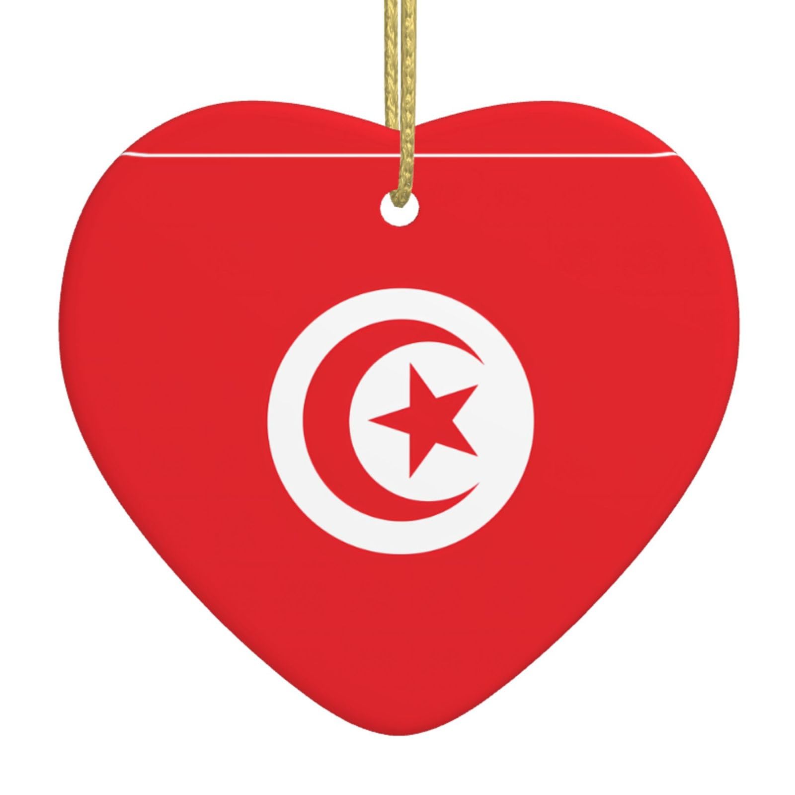 Tunisian Flag Ceramic Christmas Heart Pendant with Silk Thread, Christmas Tree Home Decoration