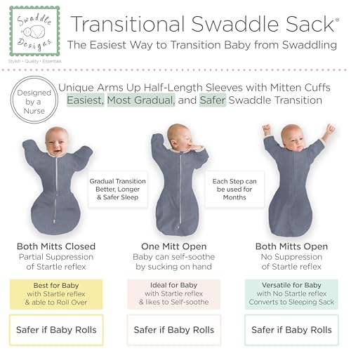 Image of SwaddleDesigns Transitional Swaddle Sack, Arms Up Half-Length Sleeve & Mitten, Most Gradual Transition Swaddle for Newborn