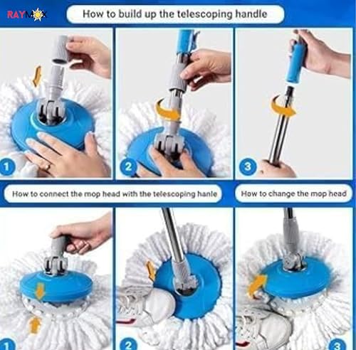 Image of RAYMOX Classic Spin Mop Spares Set Handle with Microfibers Refill Standing Magic Pocha with Easy Grip Handle Mop Stick Rod ( All in One Mop Stick Use )