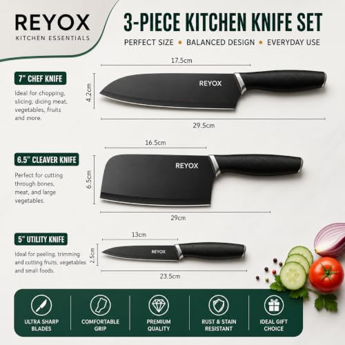 Image of Kitchen Knife Sharpener Set, 3 Piece High Carbon Stainless Steel Knives with Covers, Black Cooking Knives for Home Kitchen, Vegetable, Fruit & Meat Cutting & Slicing (Black 3 Knife Set+Knife sharpner)