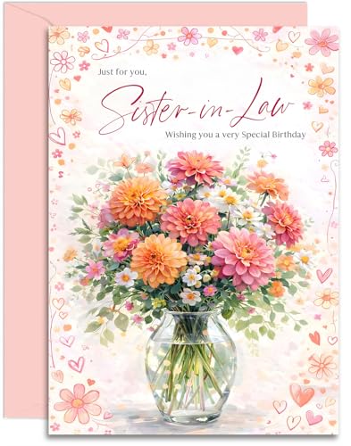 Sister-in-Law Birthday Card - Colourful Dahlia Blooms Design - Pretty Greetings card for Women - A5 Size Card with Pink Envelope