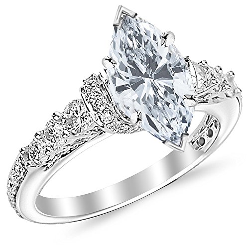 14K White Gold 1.75 to 5 Carat LAB GROWN DIAMOND Designer Four Prong Pave Set Round Marquise Cut Diamond Engagement Ring (D-E Color VS1-VS2 Clarity 0.75 Ct Center)