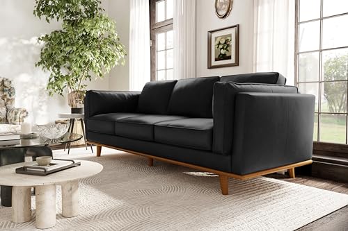 Image of Valencia Artisan Full Leather Sofa 88 inch | Pure Full Italian Nappa Leather Couch, Solid Wood Accent, Ultimate Comfort, Black