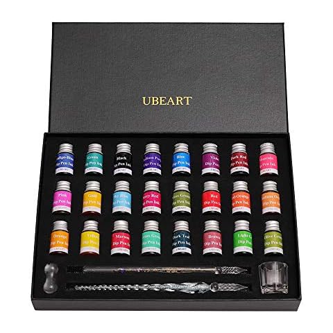 UBEART Glass Dip Pen Set,28 Pieces Calligraphy Set Includes 24 Color Inks Cleaning Cup Pen Holder 2 Crystal Glass Pens,Calligraphy Kit Ideas for Birthday Graduation Gifts Beginners Cover