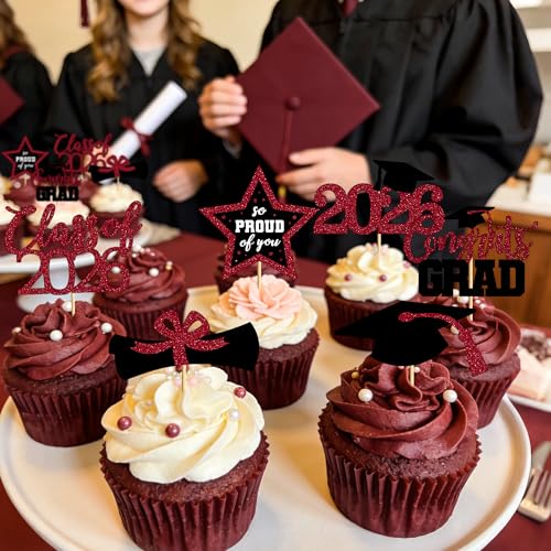 Image of 48 PCS Graduation Cupcake Toppers 2026, 6 Styles Grad Cake Topper, Congrats Graduation Decorations, Black and Burgundy Glittery Cap and Diploma Cake Picks for Grad Party Decor Supplies