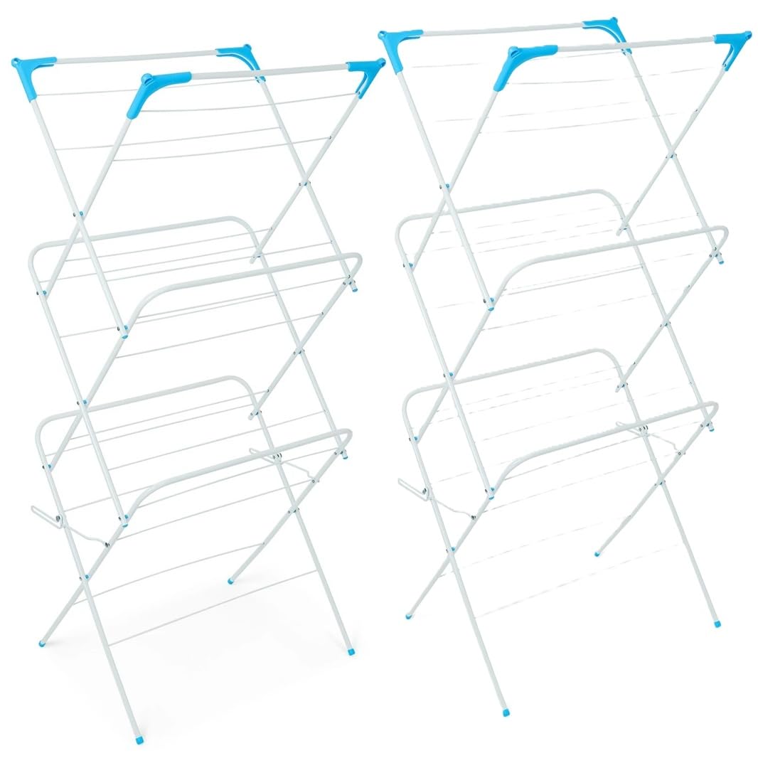 Satargo White 3-Tier Clothes Airer – Foldable Indoor Laundry Rack, Compact (Pack Of 2 Airers) 136X61x43cm, 15Kg Capacity,