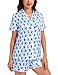 SWOMOG Womens Silk Satin Pajamas Set Short Sleeve Sleepwear Button Down Top and Shorts Loungewear 2 Piece Pjs Set XS-3XL Blue Monkey Medium