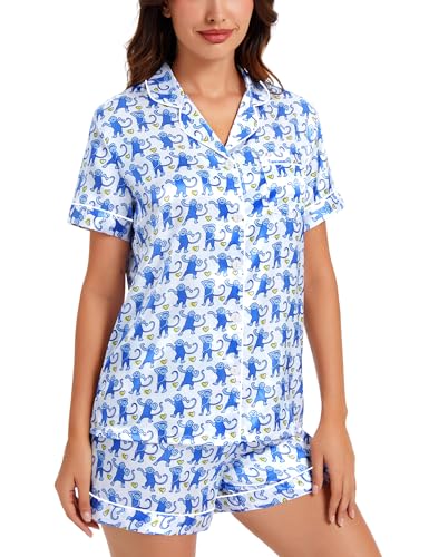 Image of SWOMOG Womens Silk Satin Pajamas Set Short Sleeve Sleepwear Button Down Top and Shorts Loungewear 2 Piece Pjs Set XS-3XL