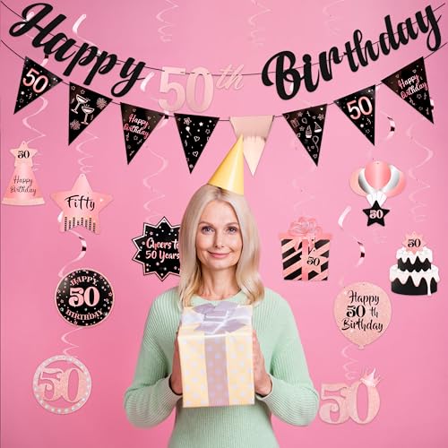 Image of 50th Birthday Decorations for Women Rose Gold Pink Pre Strung Happy 50th Birthday Banner and Hanging Swirls 50 Year Old Party Decorations Supplies