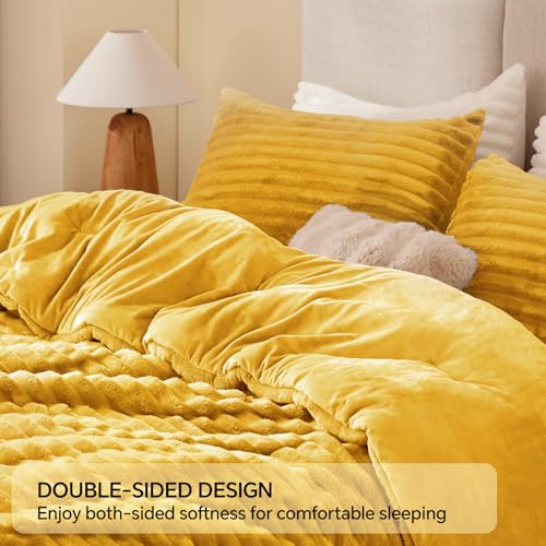 BEDELITE Fleece Full Comforter Set -Super Soft & Warm Fluffy Mustard Yellow Bedding, Luxury Fuzzy Heavy Bed Set for Winter with 2 Pillow Cases