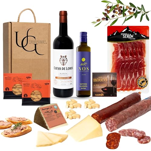 UNIVERSO GOURMET | Exklusive Gourmet-Geschenkbox | Rotwein g.U. Rioja | Natives Olivenöl Extra | Iberische Bellota-Wurstwaren | Gran Reserva Schinken & Schafskäse | Perfektes Geschenkset | Präsentkorb