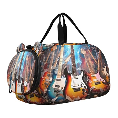 Electric Guitar Kids Overnight Sports Duffel Bags with Shoe Compartment & Wet Pocket Travel Sport Gym Bag for Girls Boys