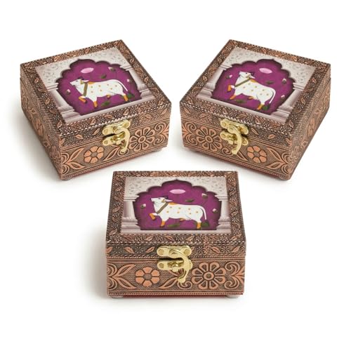 Image of Kamdhenu Wooden Jewellery Box | Handcrafted Decorative Storage Organizer | Traditional, Multipurpose Keepsake Box for Rings, Earrings & Small Accessories | Pink Lotus, Pack of 3