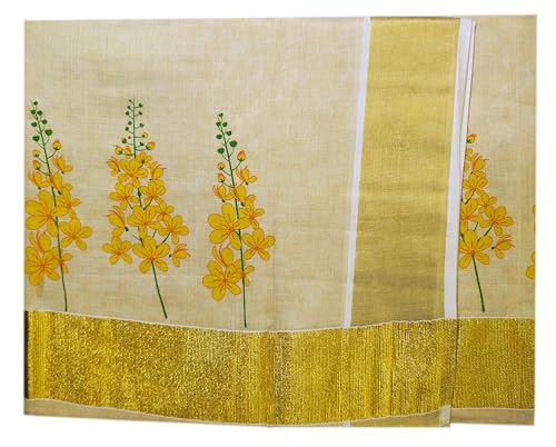 Image of Women's Mural Printed Kerala Gold Tissue Saree with Running Blouse Piece | Traditional South Indian Ethnic Saree for Festivals, Weddings & Special Occasions