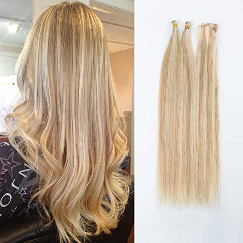 ABH AMAZINGBEAUTY HAIR Highlighted Sew in Hand Tied Weft Hair Extensions, Remy Human Hair, Dark Dirty Blonde with Platinum Blonde Highlights Color P12-60, 50 Gram, 18 Inch
