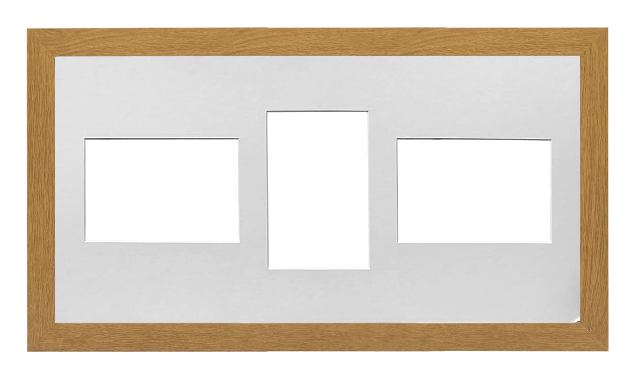 MDF 30mm Oak Frame 20x10' Multi Aperture Picture Frame with White Mount to fit (3x) 6x4' Photos with Perspex Sheet - Wall Mountable Landscape or Portrait