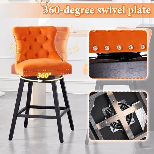 Image of Orange Swivel Bar Stools, Velvet Counter Height Bar Stool Set of 2 | 360 Swivel Bar Chairs, Solid Wood Legs, Upholstered Kitchen Island Stools, Modern Extra Wide Seat (Orange, 30 inch H, 2 Pack)