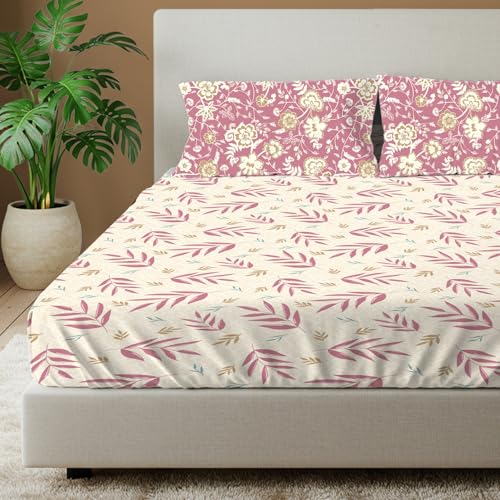 Image of Urban Space Divine 100% Cotton King Fitted Size Bedsheet, 144 TC Super Soft Elastic bedsheets for King Size Bed, Floral Design King bedsheet with 2 Pillow Covers (72 inch x 78 inch, Raina Mauve)