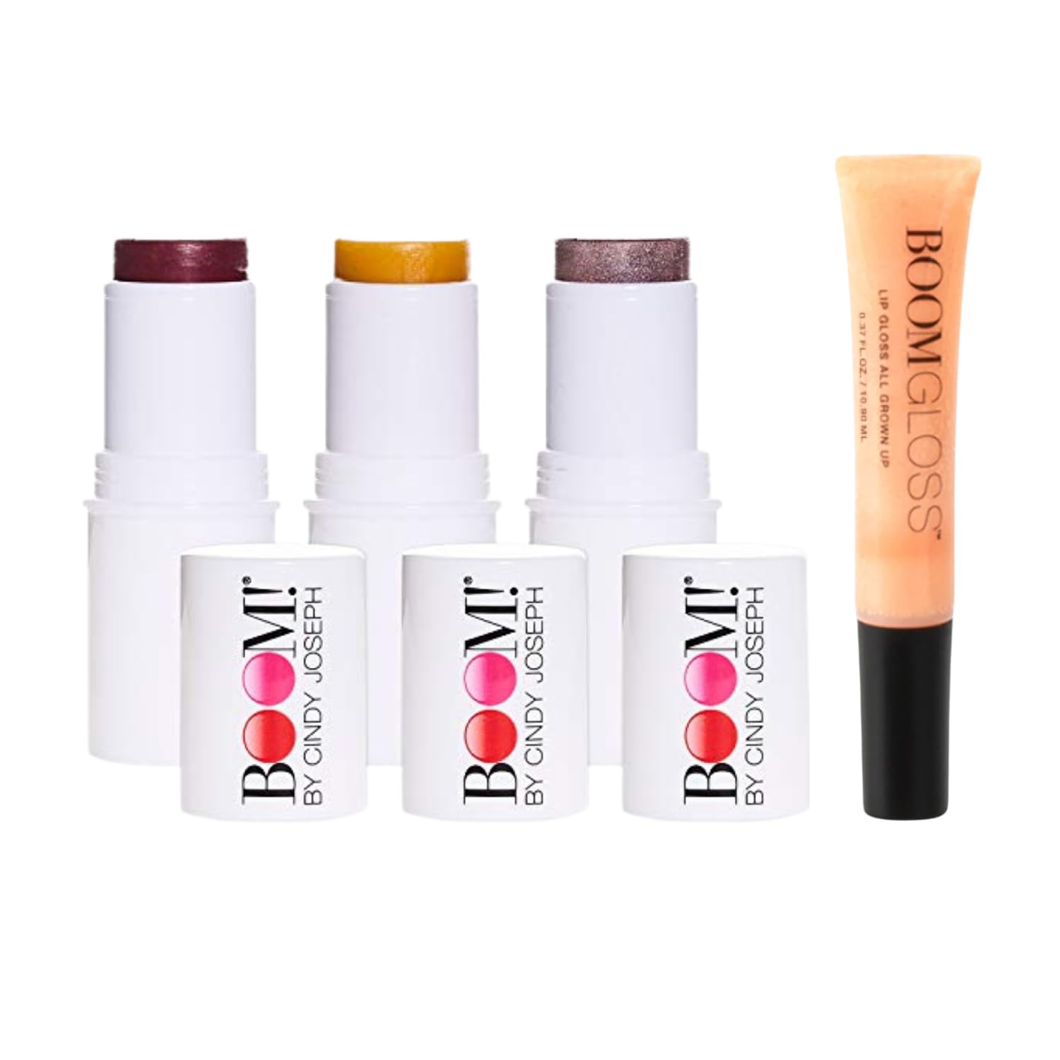 Complete Look Bundle - 3-Pack Boom Makeup Sticks and Boom Gloss ™: Blush Stick, Highlighter Stick, Moisturizer Stick, and Translucent Gloss - All You Need for a Flawless Look - BOOM! by Cindy Joseph