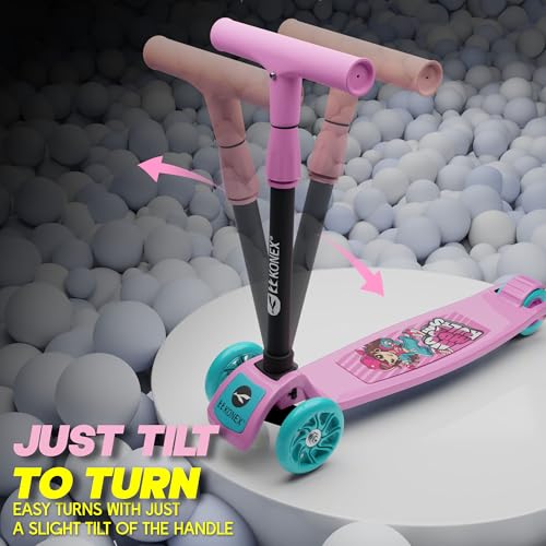 Image of Konex Kick Scooter for Kids (2+ Years) | 3 Broad Rubber Wheels for Smooth Ride | 4-Level Height Adjustable Handle | Foldable & Portable with Back Brake | Holds Up to 40 kg (Pink-Sea Green)
