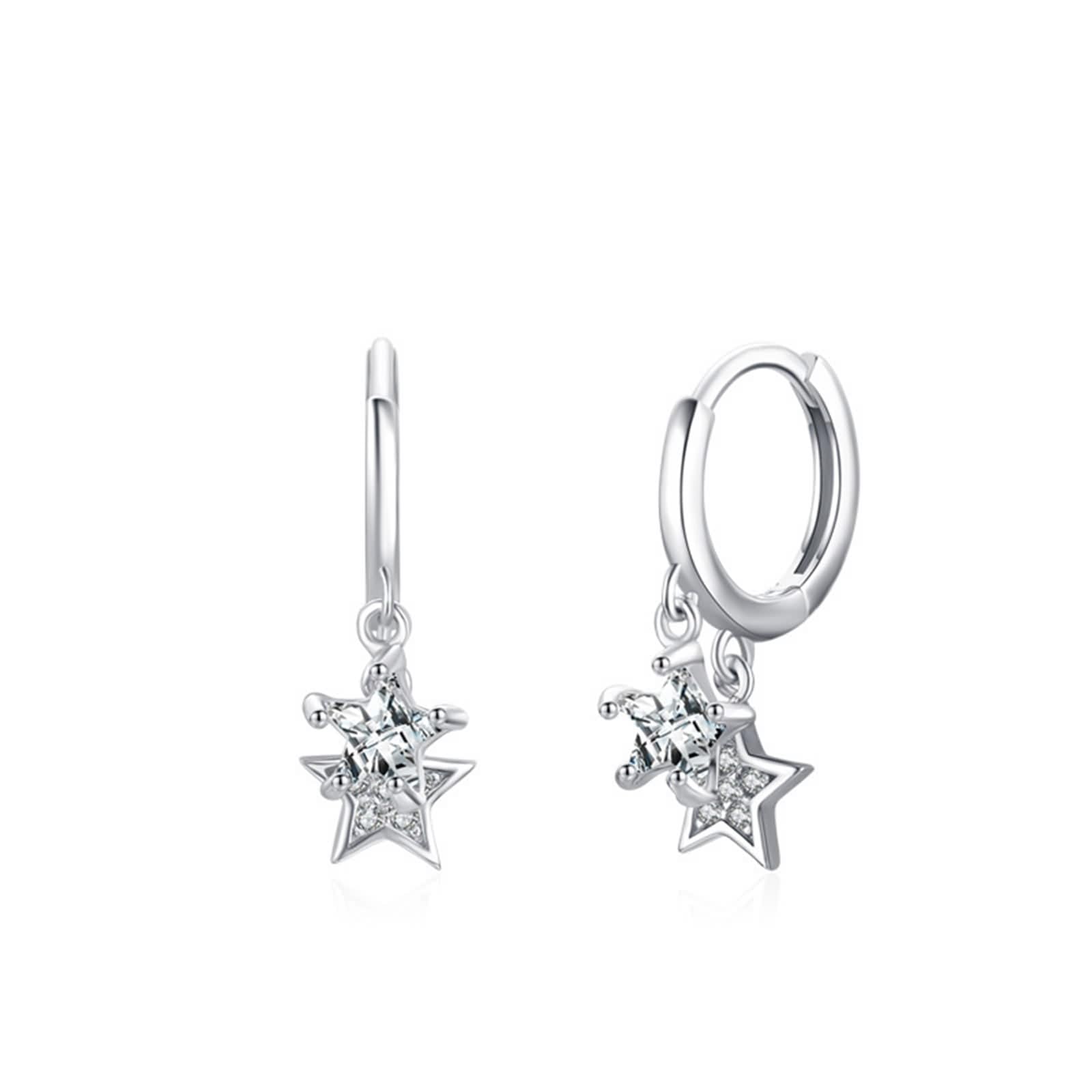 Orecchini in argento 925 da appendere, orecchini in argento elegante, a stella, zirconi, forma rotonda, gioielli da donna